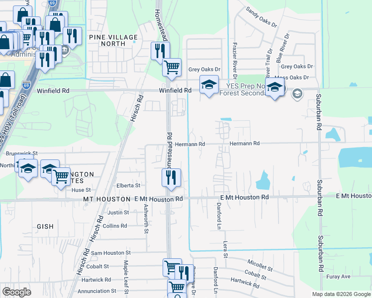 map of restaurants, bars, coffee shops, grocery stores, and more near 6038 Hermann Road in Houston