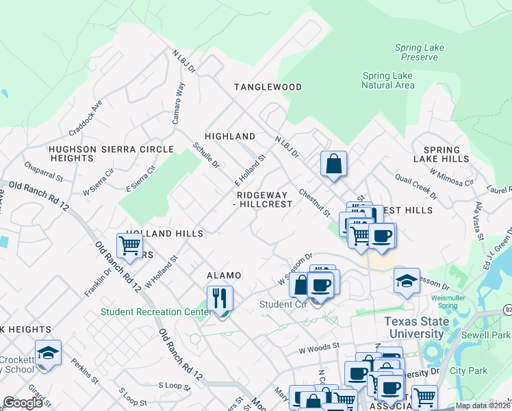 map of restaurants, bars, coffee shops, grocery stores, and more near 124 Ridgeway Drive in San Marcos