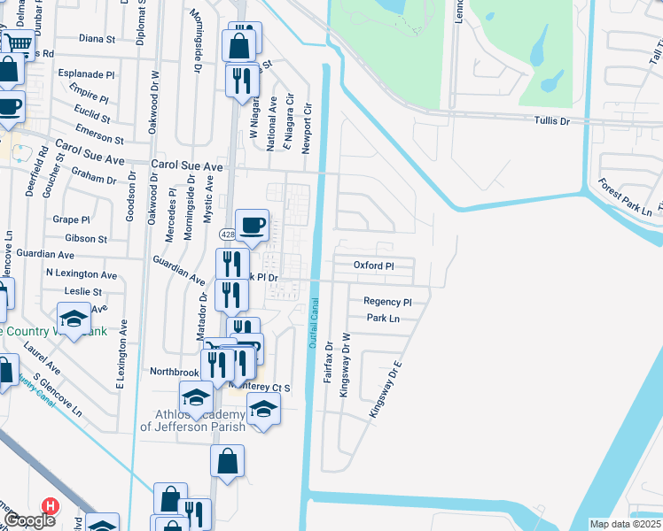 map of restaurants, bars, coffee shops, grocery stores, and more near 2406 Oxford Place in Gretna
