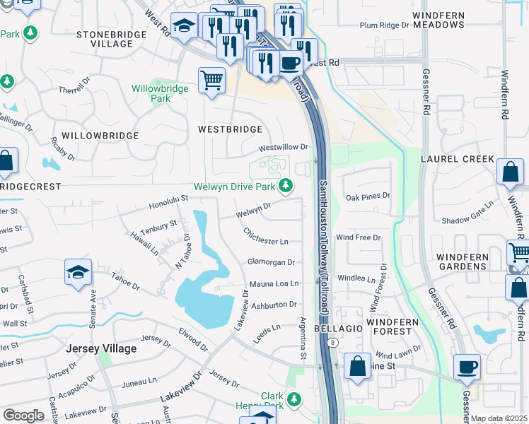 map of restaurants, bars, coffee shops, grocery stores, and more near 15341 Welwyn Drive in Jersey Village