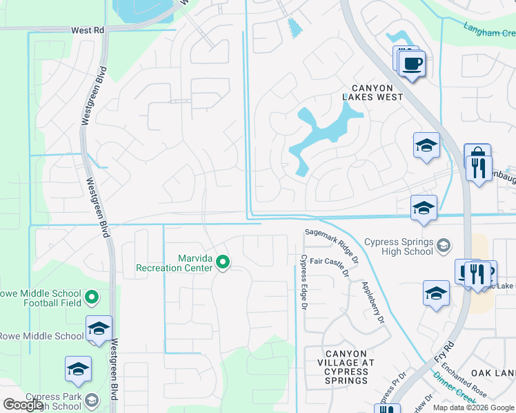 map of restaurants, bars, coffee shops, grocery stores, and more near 8010 Oxbow Manor Lane in Cypress