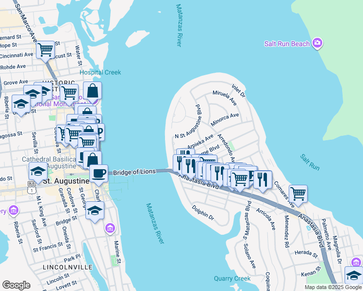 map of restaurants, bars, coffee shops, grocery stores, and more near 100 Arpieka Avenue in St. Augustine