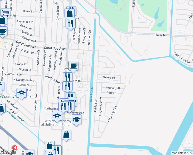 map of restaurants, bars, coffee shops, grocery stores, and more near 2406 Oxford Place in Gretna