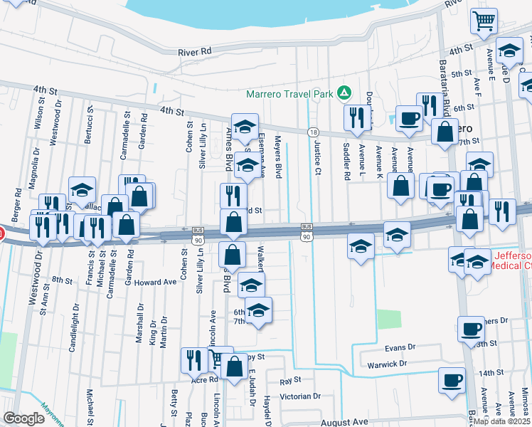 map of restaurants, bars, coffee shops, grocery stores, and more near 6007 Field Street in Marrero