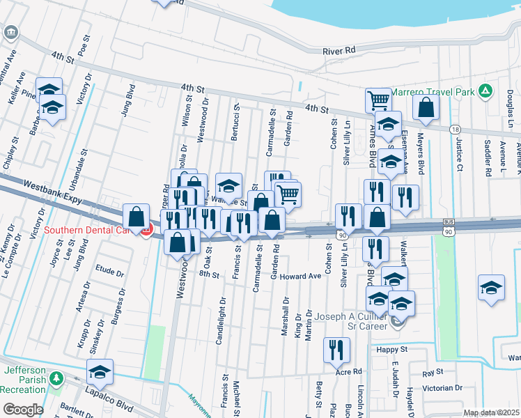 map of restaurants, bars, coffee shops, grocery stores, and more near 6600 Wallace Street in Marrero