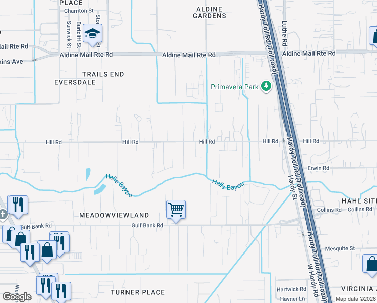 map of restaurants, bars, coffee shops, grocery stores, and more near 904 Hill Road in Houston