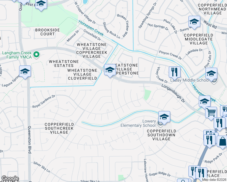 map of restaurants, bars, coffee shops, grocery stores, and more near 7768 Park Falls Drive in Houston