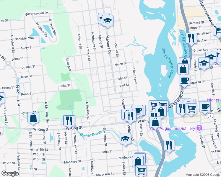 map of restaurants, bars, coffee shops, grocery stores, and more near 18 Pearl Street in St. Augustine