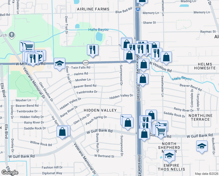 map of restaurants, bars, coffee shops, grocery stores, and more near 907 Beaver Bend Road in Houston