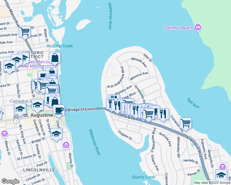map of restaurants, bars, coffee shops, grocery stores, and more near 100 Arpieka Avenue in St. Augustine