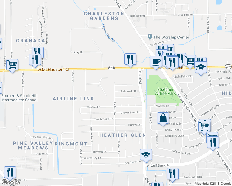 map of restaurants, bars, coffee shops, grocery stores, and more near 2035 Aldsworth Drive in Houston