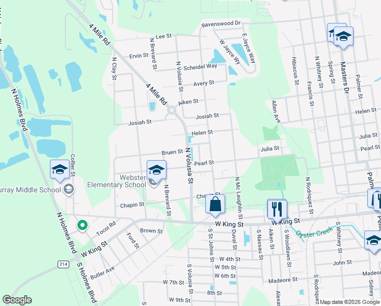map of restaurants, bars, coffee shops, grocery stores, and more near 891 Bruen Street in St. Augustine