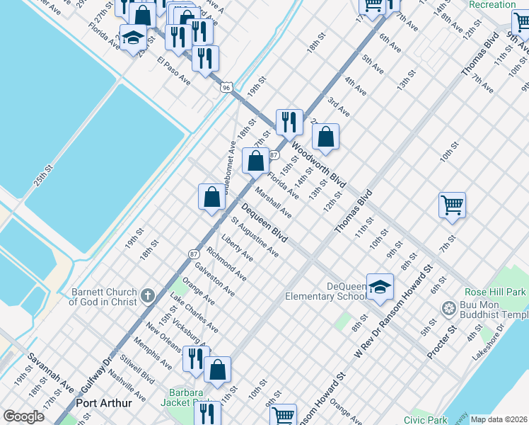 map of restaurants, bars, coffee shops, grocery stores, and more near 1526 Dequeen Boulevard in Port Arthur