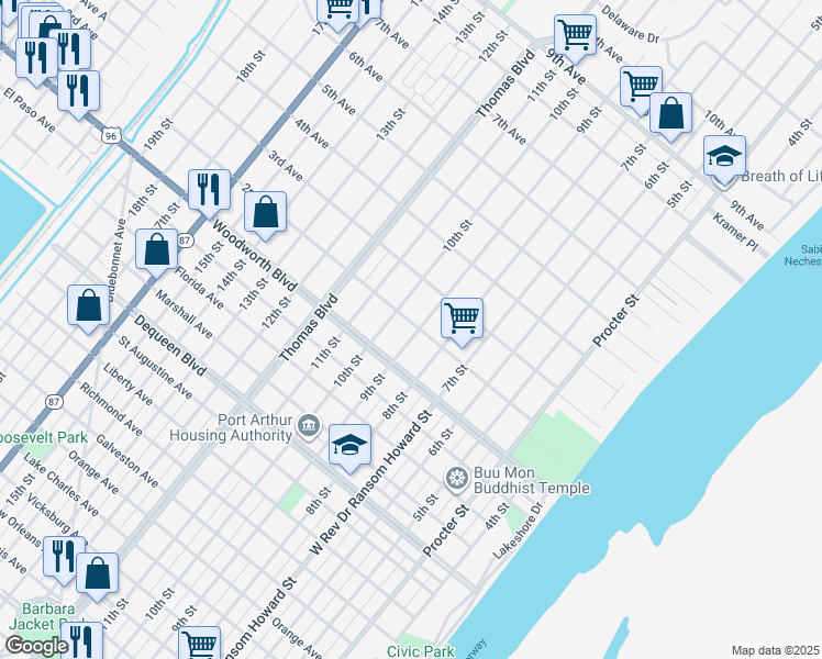 map of restaurants, bars, coffee shops, grocery stores, and more near 2949 9th Street in Port Arthur