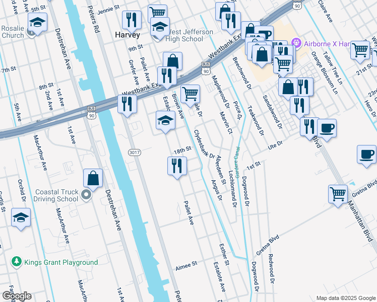 map of restaurants, bars, coffee shops, grocery stores, and more near 2112 18th Street in Harvey