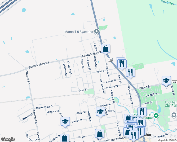 map of restaurants, bars, coffee shops, grocery stores, and more near 1205 North Pecos Street in Lockhart