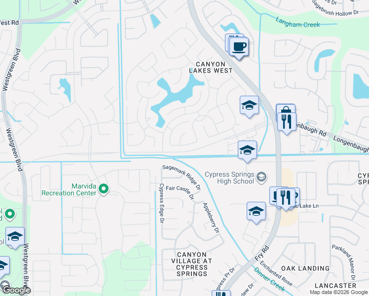 map of restaurants, bars, coffee shops, grocery stores, and more near 20847 West Pine Creek Bend in Harris County
