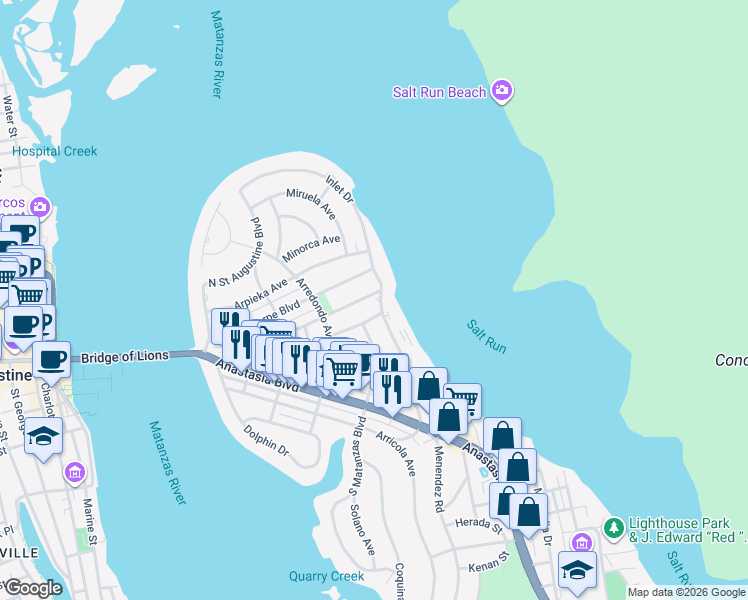 map of restaurants, bars, coffee shops, grocery stores, and more near 80 Comares Avenue in St. Augustine