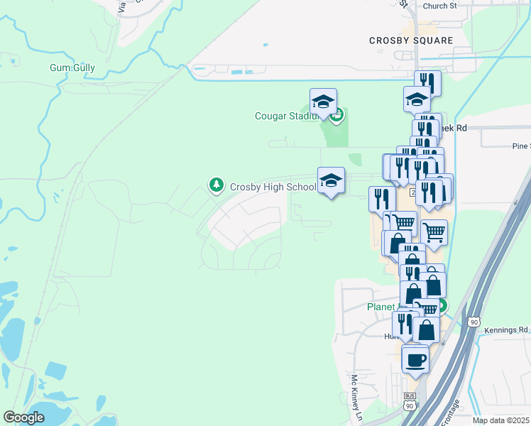 map of restaurants, bars, coffee shops, grocery stores, and more near 14405 Crosby Lynchburg Road in Crosby