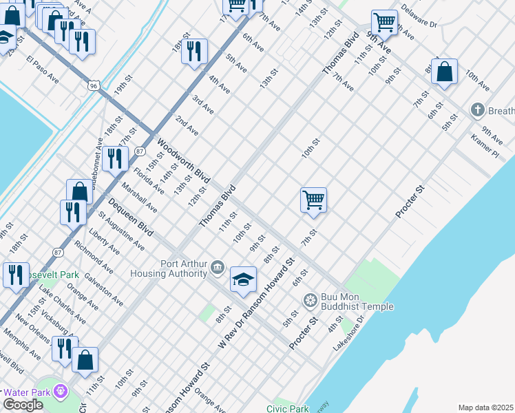 map of restaurants, bars, coffee shops, grocery stores, and more near 2915 10th Street in Port Arthur