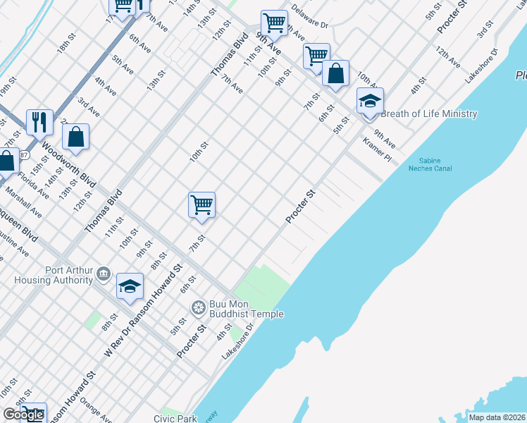 map of restaurants, bars, coffee shops, grocery stores, and more near 3201 5th Street in Port Arthur