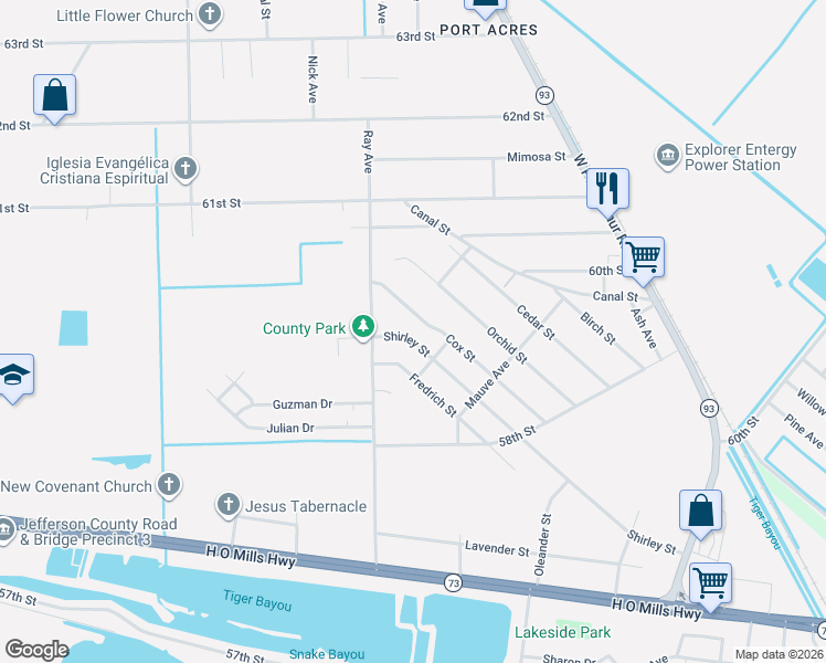 map of restaurants, bars, coffee shops, grocery stores, and more near 2329 Shirley Street in Port Arthur