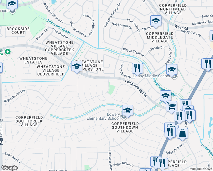 map of restaurants, bars, coffee shops, grocery stores, and more near 15919 Hickory Cove Drive in Houston