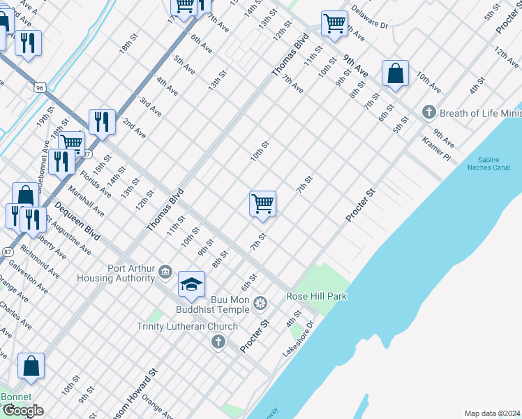 map of restaurants, bars, coffee shops, grocery stores, and more near 3015 8th Street in Port Arthur