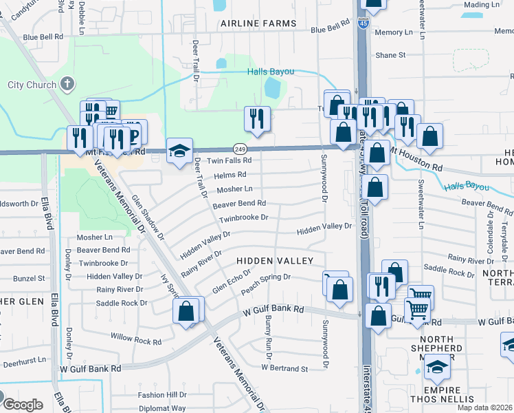 map of restaurants, bars, coffee shops, grocery stores, and more near 1035 Beaver Bend Road in Houston