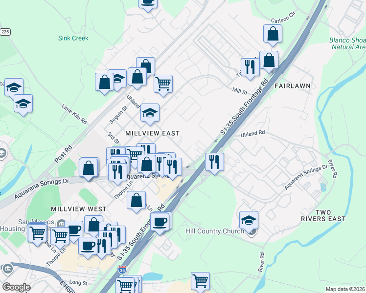 map of restaurants, bars, coffee shops, grocery stores, and more near 610 Uhland Road in San Marcos