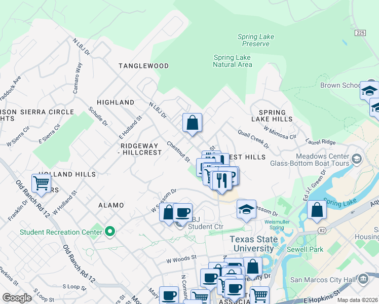 map of restaurants, bars, coffee shops, grocery stores, and more near 1011 North LBJ Drive in San Marcos