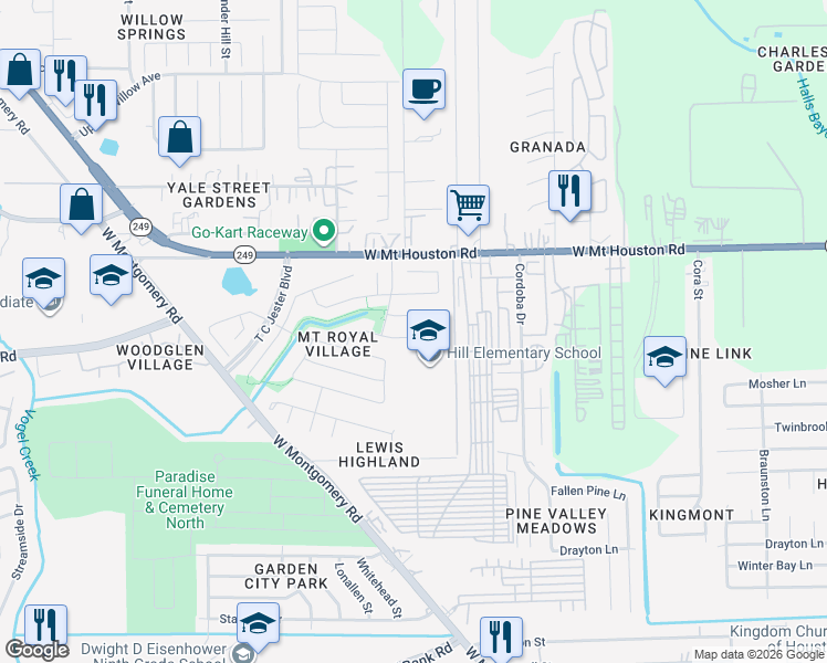 map of restaurants, bars, coffee shops, grocery stores, and more near 2634 Royal Sage Drive in Houston