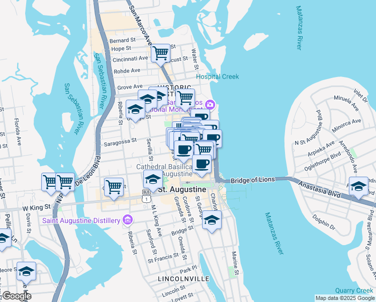 map of restaurants, bars, coffee shops, grocery stores, and more near 98 Saint George Street in Saint Augustine