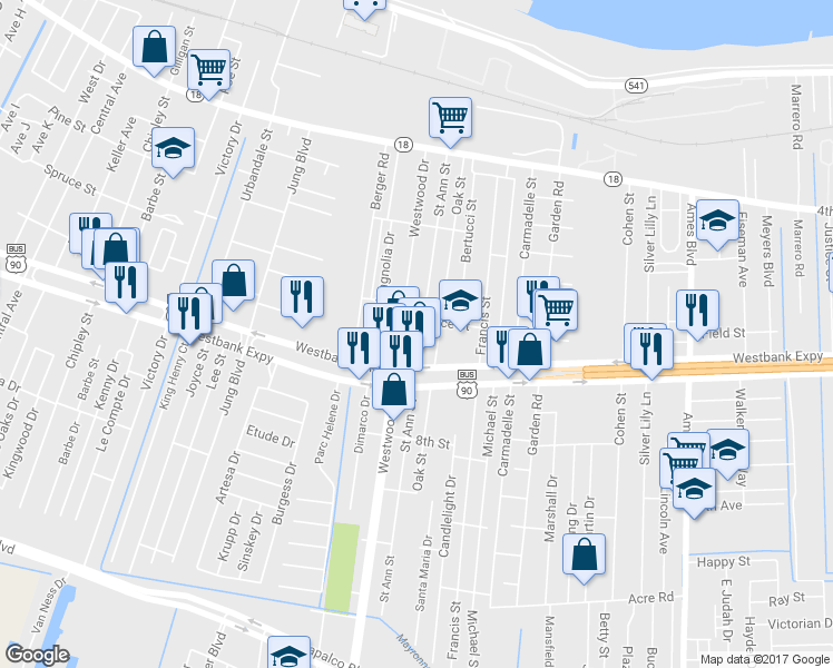 map of restaurants, bars, coffee shops, grocery stores, and more near 600 Saint Ann Street in Marrero