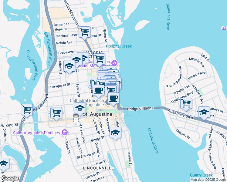 map of restaurants, bars, coffee shops, grocery stores, and more near 51 Charlotte Street in St. Augustine