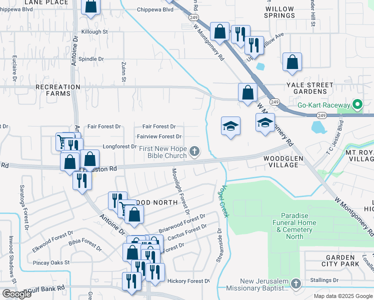 map of restaurants, bars, coffee shops, grocery stores, and more near 8818 Trailridge Forest Drive in Houston