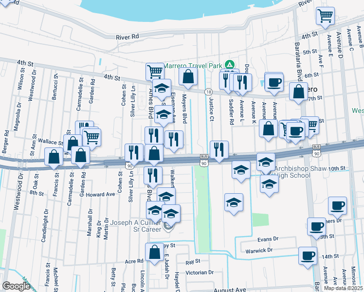 map of restaurants, bars, coffee shops, grocery stores, and more near 6007 Field Street in Marrero