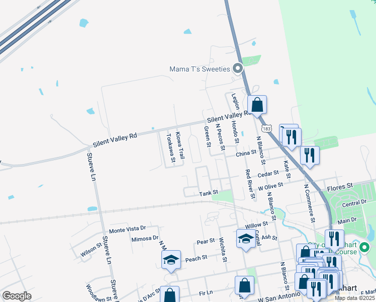 map of restaurants, bars, coffee shops, grocery stores, and more near 57 Silent Valley Road in Lockhart