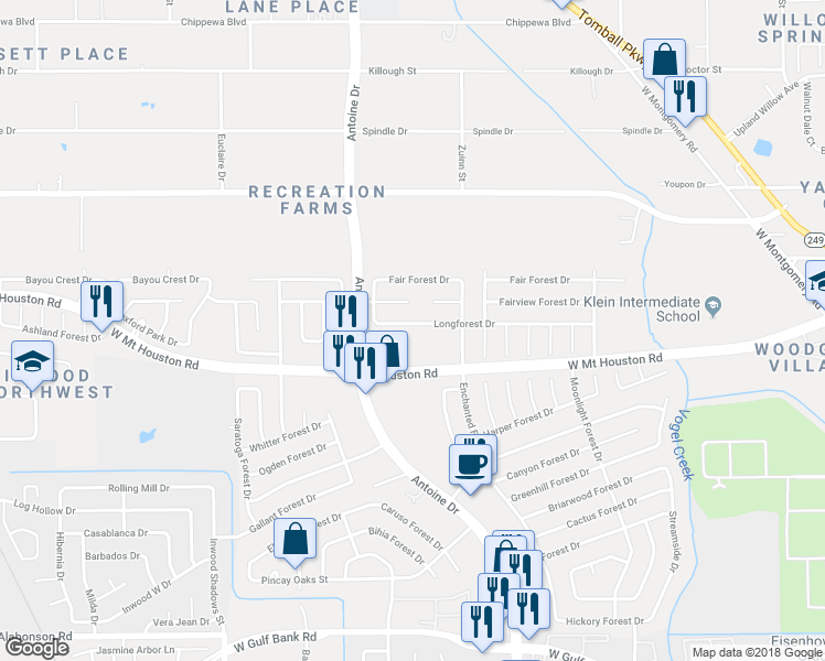 map of restaurants, bars, coffee shops, grocery stores, and more near 5807 Longforest Drive in Houston