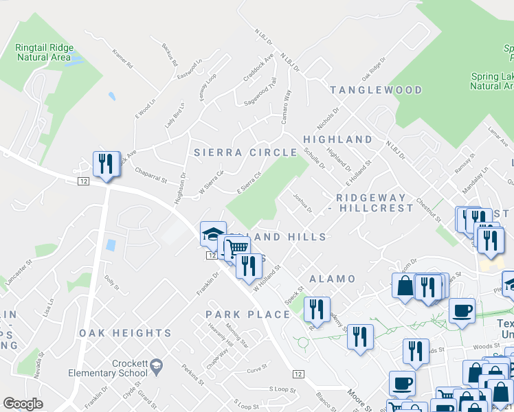 map of restaurants, bars, coffee shops, grocery stores, and more near 200 West Holland Street in San Marcos