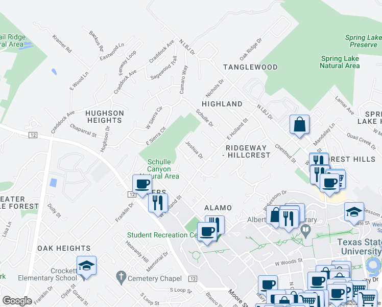 map of restaurants, bars, coffee shops, grocery stores, and more near 1408 Andra Lane in San Marcos