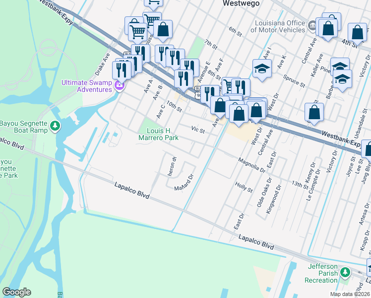 map of restaurants, bars, coffee shops, grocery stores, and more near 635 Vic A Pitre Drive in Westwego