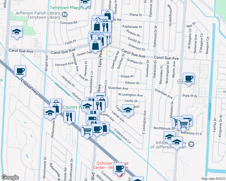 map of restaurants, bars, coffee shops, grocery stores, and more near 805 Lamar Avenue in Terrytown