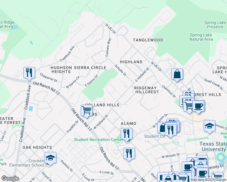 map of restaurants, bars, coffee shops, grocery stores, and more near 1414 Andra Lane in San Marcos