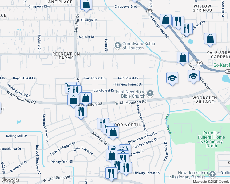 map of restaurants, bars, coffee shops, grocery stores, and more near 8826 Lakeside Forest Drive in Houston