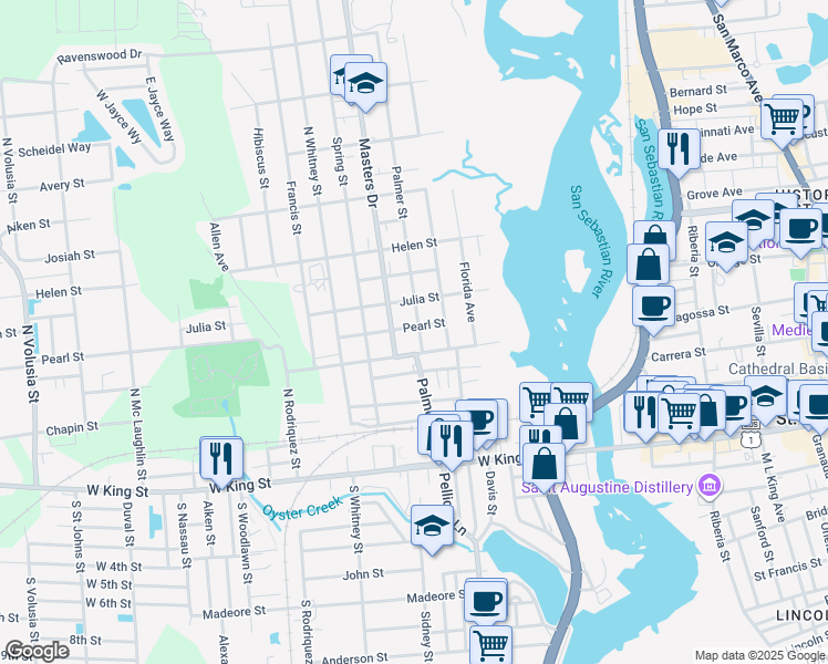 map of restaurants, bars, coffee shops, grocery stores, and more near 60 Palmer Street in St. Augustine