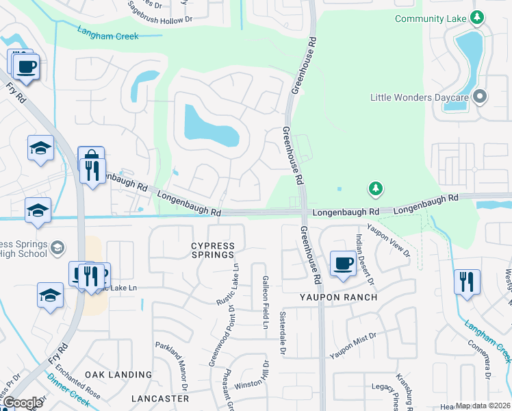 map of restaurants, bars, coffee shops, grocery stores, and more near 19711 Benbrook Manor Ln in Cypress