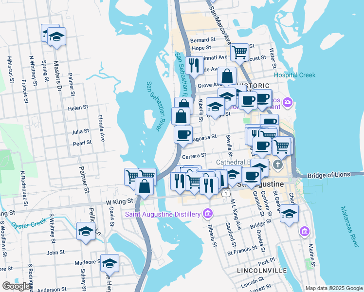 map of restaurants, bars, coffee shops, grocery stores, and more near 208 North Ponce De Leon Boulevard in St. Augustine