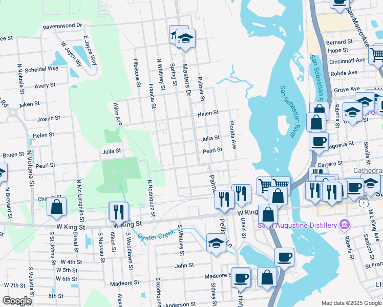 map of restaurants, bars, coffee shops, grocery stores, and more near 18 Pearl Street in St. Augustine