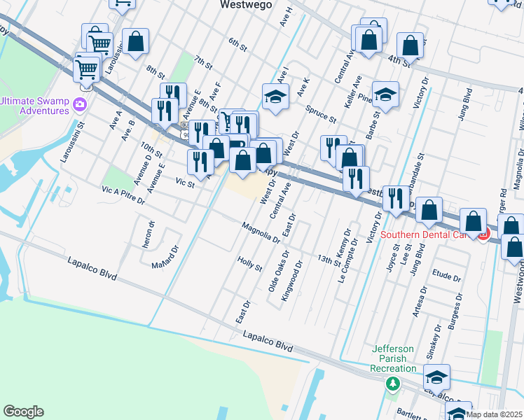 map of restaurants, bars, coffee shops, grocery stores, and more near 1110 Central Avenue in Westwego